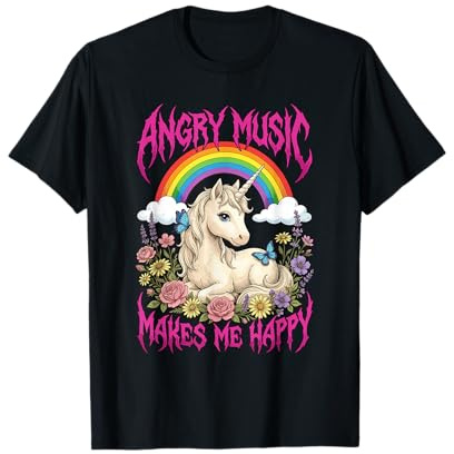 Angry Music Makes Me Happy Ironic Meme Unicorno Maglietta