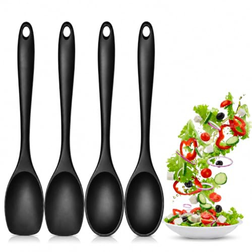 4PCS Grande Cuillère Silicone, Spatule à Cuillère en Silicone, Spatules Cuisine Silicone, 2 Cuillères Spatules et 2 Grattoirs pour Bocaux, Ustensile Flexible Antiadhésif pour Cuisine, Noir