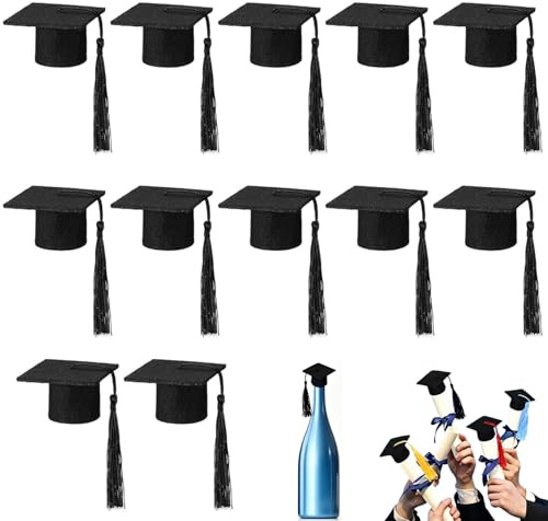 12 Stück Mini Doktorhut Niedliche, Mini Abschlusskappen Weinflasche Deko Bachelor Abschluss Hut Kleiner Weinverschluss Absolventenhut Cap Graduation Party Kappe Kunst DIY Handwerk (Schwarz)