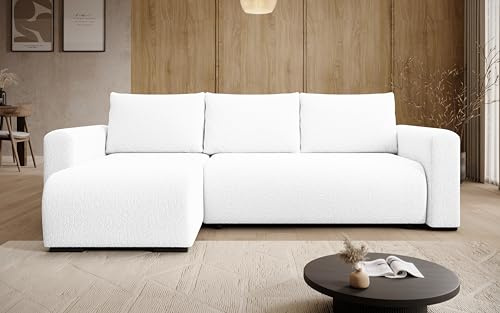storez24 Ecksofa Tally, Eckcouch in L-Form mit Schlaffunktion und Bettkasten, Farbe: Weiß, Bouclé-Stoff, Ottomane Links
