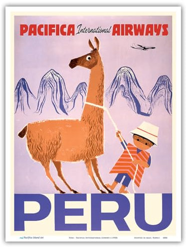 Peru – Pacifica International Airways – Native Boy with Lama – Vintage Flugreise Poster c.1950er Jahre – Master Art Print 22,9 x 30,5 cm