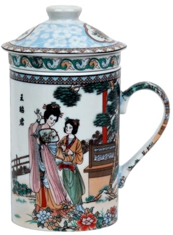Keramik Teetasse mit Deckel + Sieb für Losen Tee mit Asiatischem Motiv (Blumenmädchen, 134) Japanische Chinesische Tasse Für Teeliebhaber, Porzellan Kaffee Geschenk Set Asien Asia Becher Haferl