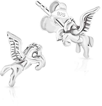 DTPsilver® KLEINE Ohrringe 925 Sterling Silber - Kinder - Pegasus Hengst Pferd Ohrstecker - Messung 8 x 7 mm