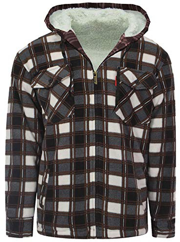 MyShoeStore Mens Padded Shirts Lumberjack Collared Hooded Flannel Check Jacket Thick Quilted Work Wear Warm Thermal Fleece Fur Lined Top Casual Coat (Hooded Brown, 5XL)