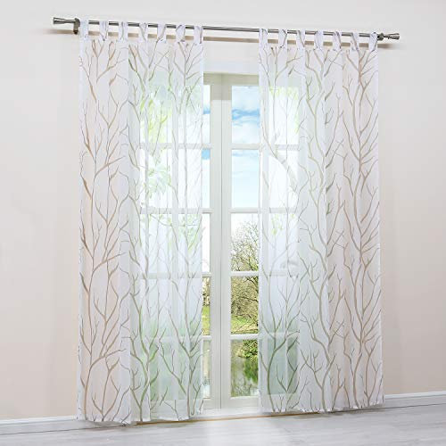 HongYa 1 Stück Schlaufenschal Transparente Gardine Schal Voile Vorhang mit Schlaufen Äste Muster H/B 175/140 cm Weiß Sand