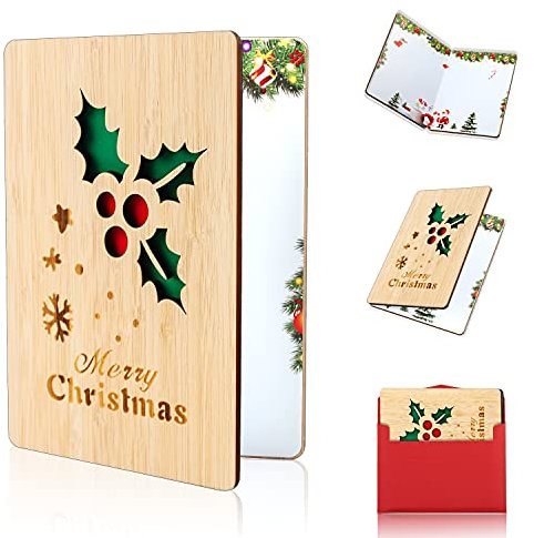 Holz-Grußkarte, Weihnachtskarten mit Umschlag Set, Karte aus Bambus, Frohe Weihnachten Karte, Handgemachte Grußkarte aus Holz Weihnachtsmuster, Weihnachtsgeschenke und Wünsche