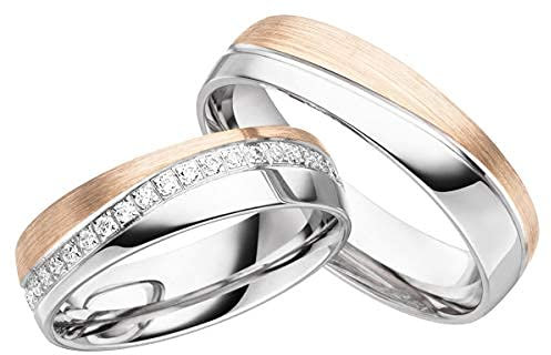 JC Trauringe Silber 925 Paarpreis Eheringe Rotgold Weißgold Plattiert breit 5,5 mm I Partnerringe mit Gravur in edler Schatulle I 2 Hochzeitsringe Herrenring ohne & Damenring mit Steinen I LC138-2-P