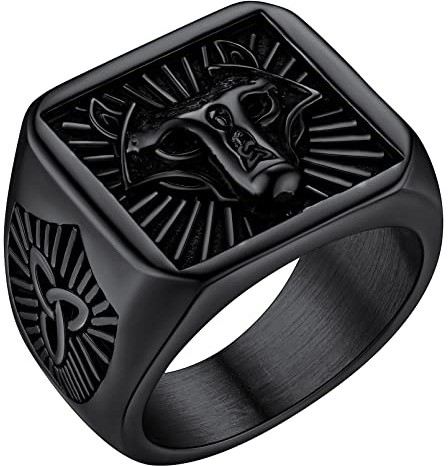 FaithHeart Schwarz Herren Fingerring mit Wolfkopf Symbol Viking Wolfkopf Siegelring Ring Schmuck für Weihnachten Valentinstag