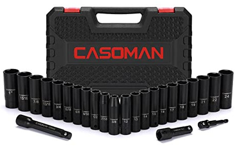 CASOMAN 25PCS 1/2 Drive Impact Socket Set, Deep, Cr-V Steel, 6 Point, Metric&SAE, 12mm to 24mm, 3/8 Inch to 1 Inch, Includes Extension Bars: 3-inch, 5-inch, 1/2-1/4 Adapter