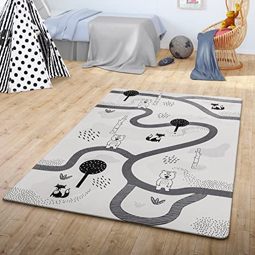 TT Home Teppich Kinder Kinderzimmerteppich Kinderteppich Babymatte Straße Bär Fuchs Baum, Farbe: Grau Weiß, Größe:120x160 cm