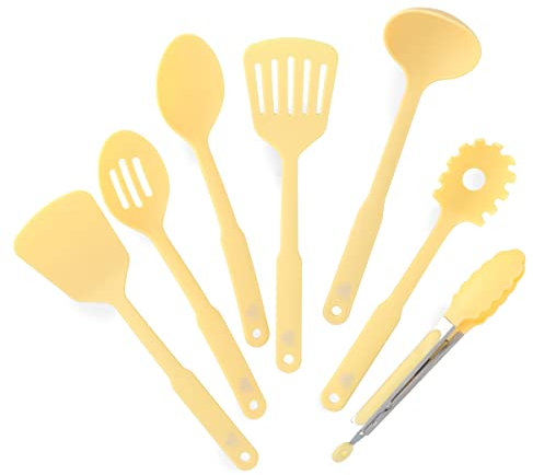 GreenLife Cooking Tools and Utensils, 7 Piece Nylon Set including Spatulas Turner Spoons and Tongs, Dishwasher Safe, Light Yellow