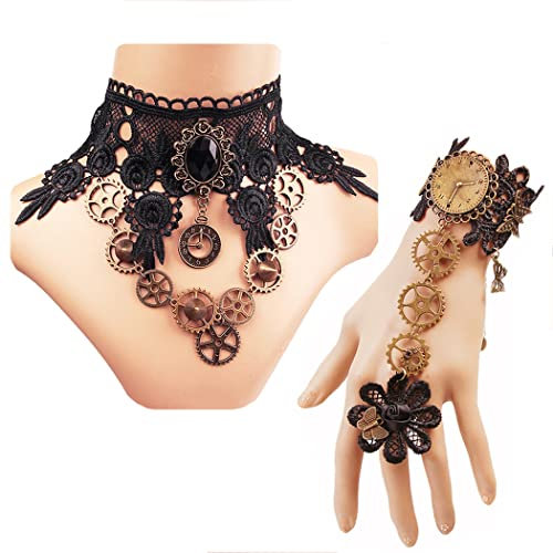 Borsgye Gothic Choker Halskette Armbänder Schmuck Schwarz Spitze Halsband Vampir Armband Lace Collier Kette Fingerlose Handschuhe Victorian Steampunk Vintage Halsband für Halloween Ostern - FY005
