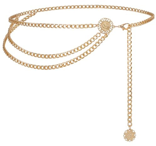 JasGood Mehrschichtiger Taillenkettengürtel Damen Verstellbare Body Link Gürtel für Jeanskleider,Gold,150cm