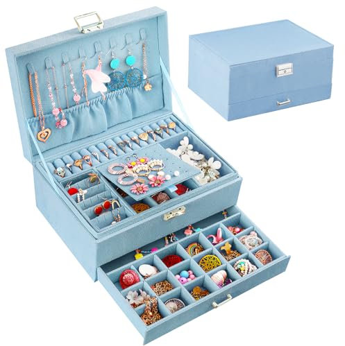 QBestry 3-Layer Jewelry Box for Girls & Teens with Lock and Key, Large Jewelry Organizer with 8 Necklace Hooks & 56 Earring Holes, Blue Velvet Jewelry Storage Box for Necklaces Earrings Rings Bracelet