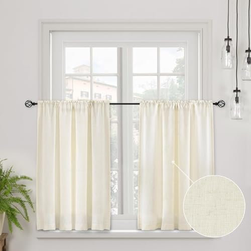 CUCRAF Scheibengardine Küchengardinen Bistrogardine 2er Set Natur Leinen H 60 x B 120 Natur Halb Transparent Stores Gardinen Fenster Leinenvorhang Gardinenschal
