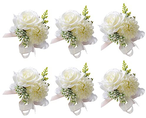 Uposao Handgelenk Blumen für Hochzeit,6 Stück Handgelenk Corsage Armband Blumenarmband Armreif Blumenschmuck für Hochzeit,Festival,Strand Party,Abschlussball Zubehör für Braut Brautjungfer,Weiß