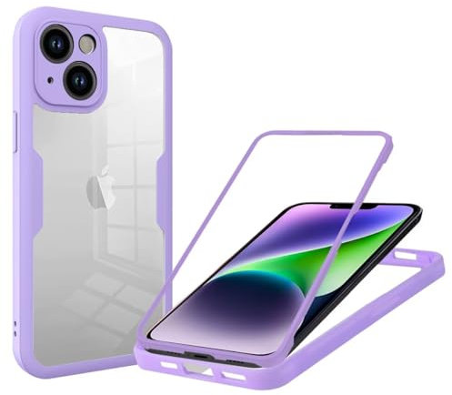 Haygdz Cover per Apple iPhone 14 6.1, 360 Gradi Antiurto Custodia con Protezione dello Schermo Integrata e Protezione Fotocamera, Trasparente Rugged TPU Bumper Doppia Protettiva Case- Viola