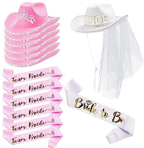 Ppmter Braut Cowgirl Hut Schleier & Schärpe, Women Weitkrempe Weiß Und Rosa Cowboy -Hut Set Für Junggesellenhochzeitsfeier Brautduschenkleid Für Bachelorette