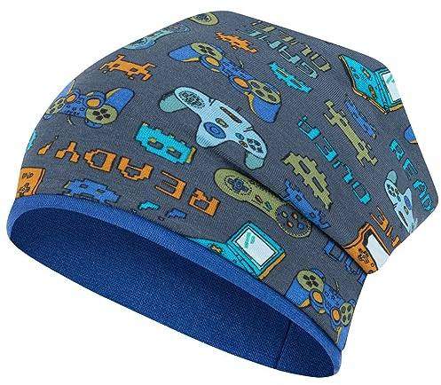 Smarilla Kinder Beanie Übergangsmütze Jungen, 54-56, Grau-Blau-Game