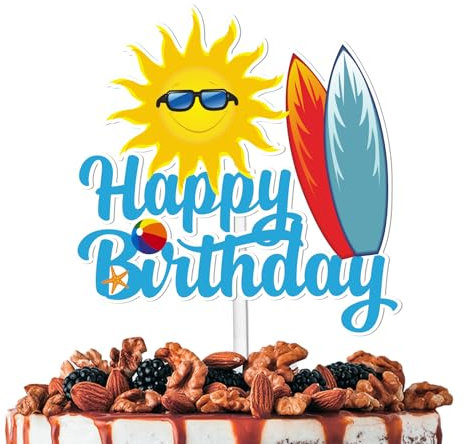 Blue Glitter Sun Surfing Happy Birthday Cake Topper Cheer to Summer Hawaii Beach Holiday Theme Decor Supplies Men Women Boys Girls Birthday Party Decorations