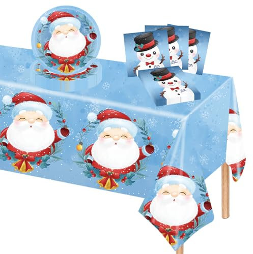 37Pcs Christmas Party Tableware Set Xmas Paper Plates 9 Inch Napkins Table Cloth,Santa Claus Snowman Blue Merry Christmas Paper Dinnerware Set for Christmas Winter New Year Birthday Party Decorations