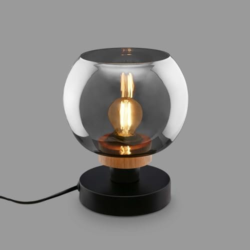 BRILONER – Nachttischlampe, Rauchglas, Kabelschalter Schreibtischlampe, Tischlampe E14 für Home Office, Leselampe, Schwarz-Holz
