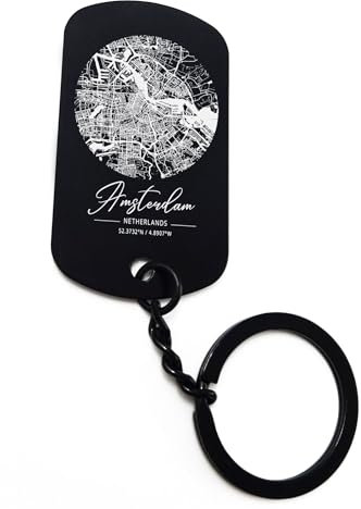 ENTROPIJA Amsterdam Netherland Koordinaten Stadtplan Lasergravur Schlüsselanhänger Kunst Klassisch Schwarz Schlüsselanhänger Stahl Tag, Schwarz , One size