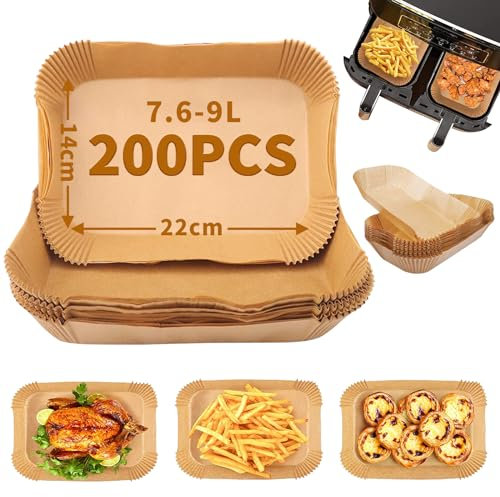 Papel Freidora Aire 22x14cm, 200Pcs Papel Air Fryer Rectángulo Antiadherente Desechable,Papel Horno Freidora Aire Resistente al Agua y al Aceite,Papel para Freidora de Aire,Papeles Airfrier(Natural)