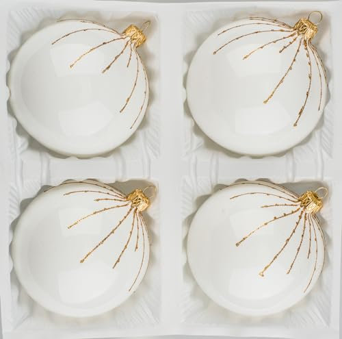4 TLG. Glas-Weihnachtskugeln Set 8cm Ø in Hochglanz Weiss Gold Regen - Neuheit - Christbaumkugeln - Weihnachtsschmuck-Christbaumschmuck 8cm Durchmesser