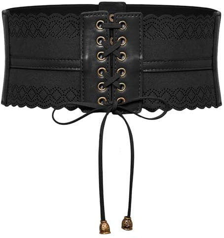 SCARLET DARKNESS Damen Retro Gürtel Kunstleder Elastische Lace-up Hollow Out Breiter Waspie Taillengürtel Schwarz XXL