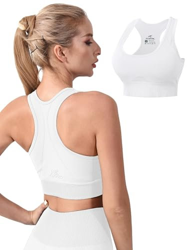 CLDFHX Damen Sport BH Nahtlos mit Polstern Ohne Bügel Flex Racerback Fitness BH Ohne Verschluss zum Yoga Joggen Laufen Pilates, Weiß, S
