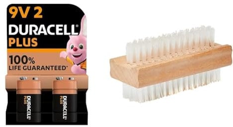 Duracell Plus 9V Batteries (Pack of 2) - Alkaline - 100% Life Guaranteed - Reliability For Everyday Devices - 0% Plastic Packaging - 5 Year Storage - 6LR61 MN1604 & Double Sided Nail Brush, Wooden