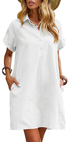 Zeagoo Women's Summer Cotton Linen Dress Casual Beach Dresses with Pockets | T-Shirt Dresses for Women,Ladies Tunic Dress,Short Sleeve Dress,Solid Color,V Neck,Knee Length,100% Cotton