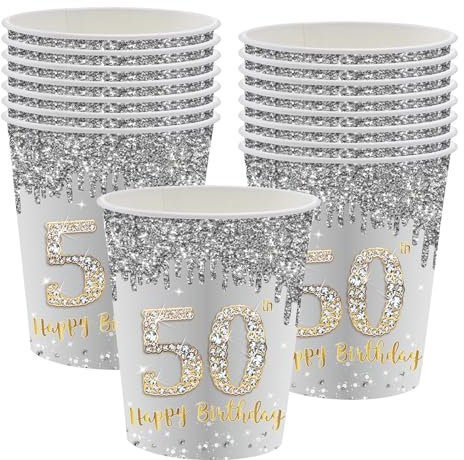 16 vasos de papel desechables para 50 años, cumpleaños, plata y oro, vasos de cartón desechables, felices cumpleaños, 50 años, decoración, kit de vajilla desechable, cumpleaños para agua caliente fría