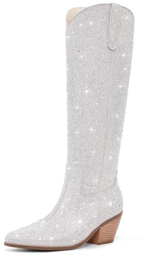 RONILURN Stivali da cowgirl da donna con strass, stivali da cowboy alti al ginocchio scintillanti stivali western glitterati Bling punta tacco grosso cerniere laterali pull on, Gambaletto Multicolore,