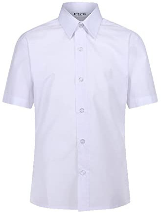 Trutex Basics Boys 2 Pack Short Sleeve School Shirts - Regular Fit, Easy Iron, Button Down - Genuine White Shirts (3-16+ Years)