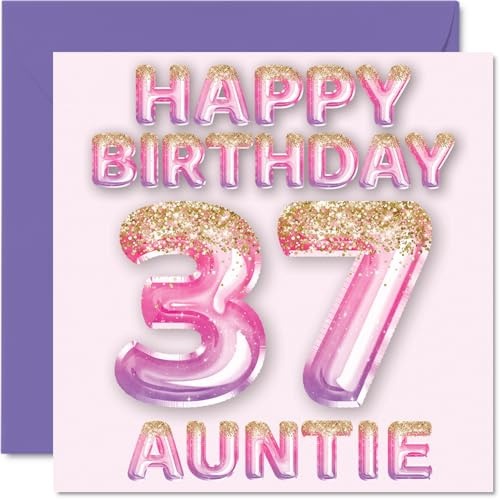 37th Birthday Card for Auntie, Pink & Purple Glitter Balloons | Happy Birthday Cards for 37 Year Old Aunt Aunty from Nephew Niece, 145mm Bday Greeting Cards Gift