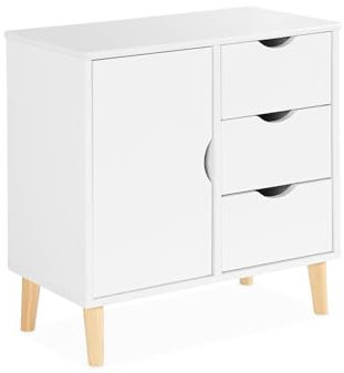 sweeek - Commode Enfant. 1 Porte et 3 tiroirs. 2 étagères. Blanc. Pieds en pin