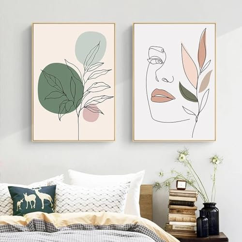 CHAOJIART Grüne Pflanze Blätter Kaktus Leinwand Poster Frau Gesicht Kunstdruck Abstrakte Malerei Strichzeichnung Wandbild Wohnzimmer Dekor 20x30cm (8x12in) x2 Rahmenlos