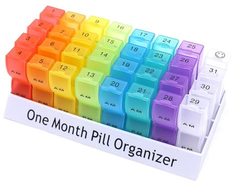 Reise-Pillendose – 31-Tage-Pillen-Organizer, Pillen-Organizer mit 32 Fächern, Tabletten-Organizer für Uhr/Nachmittag, monatlicher Medikamenten-Organizer, tragbare Nahrungsergänzungsbox für Vitamine,