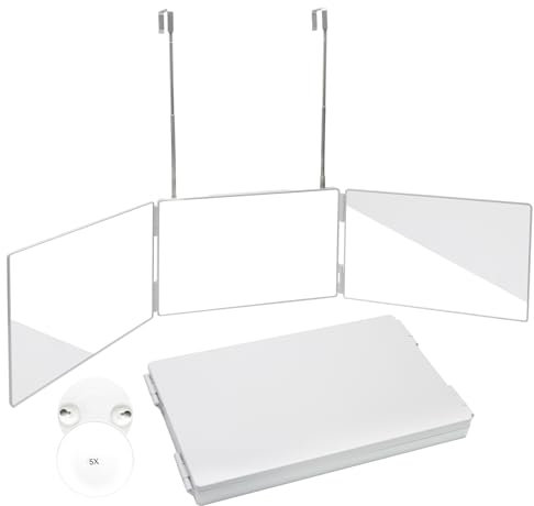 AstraLoom 360° 3-Wege-Friseurspiegel in Weiß mit faltbarem Design und ausziehbaren Haken – Ohne LED-Licht, ideal für Make-up, Dusch- und Rasierspiegel in Ihrer täglichen Pflegeroutine