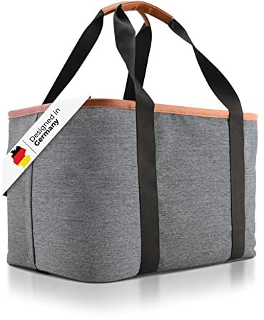 Selinchen® - Premium Einkaufskorb | Hochwertige Einkaufstasche faltbar und mit PU-Ledergriff | Ideal als eleganter Picknickkorb oder Shopper | 30 Liter (Grau)