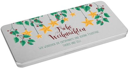 Herz & Heim® Geschenk-Metallbox mit Namensaufdruck zu Weihnachten für Gutscheine (Sterne & Zweige)