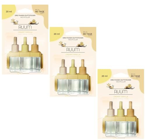 RUUM Nachfüllflakons 3er Pack je 20 ml Creamy Vanilla - Hochwertiger Raumduft Nachfüller - Kompatibel mit Febreze & Ambi Pur 3Volution Duftstecker - Lufterfrischer Nachfüller für Duftvielfalt