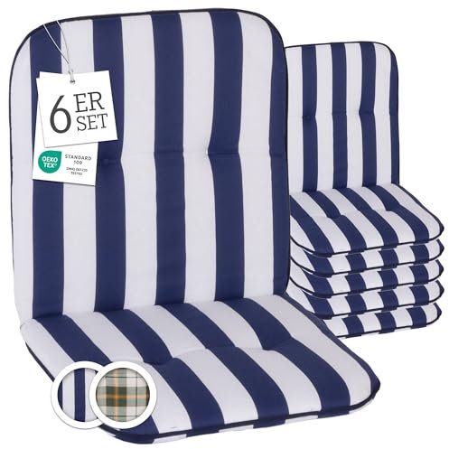 Beo Bali Gartenstuhl-Auflagen Niedriglehner 96x47 cm, 6er Set | Waschbare, UV-beständige Sitz-Kissen | Atmungsaktive Polster-Auflagen nach Öko-Tex Standard | Blau-Weiß gestreift | Made in EU