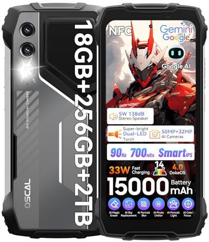 OSCAL Pilot 1 Rugged Smartphone, 15000mAh (33W) Rugged Phone Unlocked,Gemini AI Android 14 Gaming Phone,IP69K Loud Speaker Military Phones, NFC,18GB+256GB/2TB Expand,Dual SIM/1 TF Slots,6.67 Display