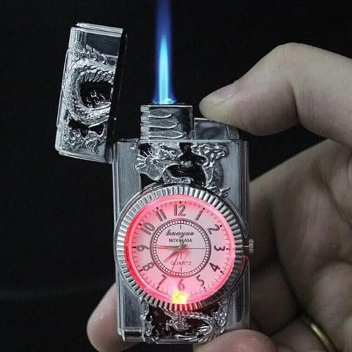 Silver Windproof Lighter, Eagle Headed Quartz Watch with LED Lights, Refillable Gas Lighter Windproof Jet Lighters, Refillable Butane Lighter for Outdoor Indoor, Torch Lighter