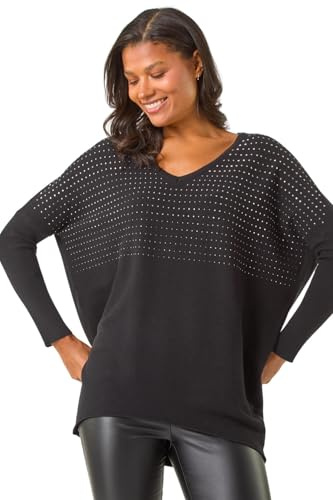 Roman Originals Relaxed Hotfix V-Neck Knitted Jumper for Women UK - Ladies Everyday Autumn Winter V-Neckline Comfy Soft Evening Vacation Work Party Night Out - Black - Size 16