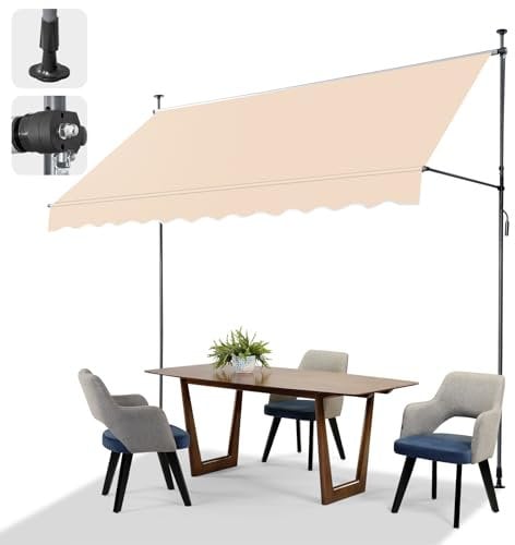 LEADZM Klemmmarkise 300 cm Breit,Balkon Markise ohne Bohren,Wasserdicht,Sonnenschutz,UV-beständig,Höhenverstellbar mit Handkurbel,für Terrasse,Balkon,Garten,Laden,Beige,Khaki