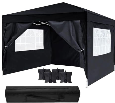 3m x 3m Waterproof Pop Up Gazebo - Pop Up Outdoor Garden Shelter with Sides for Wedding Party Tent Marquee | PVC Coated | Includes Carry Bag & 4 Leg Weight Bags - Water Resistant, Black